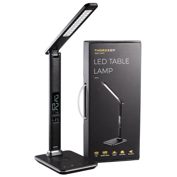 LED-Tischlampe 9W Leder 2800K-6000K Dimmbar Wirless Charge 5V 1A + LCD Display THORGEON